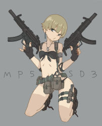 Rule 34 | 1girl, bikini, black bikini, blue eyes, boots, brown hair, combat boots, dog tags, dual wielding, earrings, elbow pads, fingerless gloves, flat chest, front-tie bikini top, front-tie top, gloves, gun, h&amp;k mp5sd, head tilt, heckler &amp; koch, holding, holster, integral suppressor, integrally-suppressed firearm, jewelry, kneeling, nail polish, original, pinky out, short hair, solo, submachine gun, suppressor, swimsuit, tan, tanline, thigh holster, weapon, yuuho