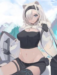 Rule 34 | 1girl, absurdres, animal ears, arknights, aurora (arknights), aurora (elite ii) (arknights), bear ears, black gloves, black hairband, black shirt, black shorts, blue eyes, breasts, cleavage, commentary, crop top, gloves, hair over one eye, hairband, hand up, highres, infection monitor (arknights), large breasts, long hair, long sleeves, looking at viewer, midriff, navel, outdoors, pouch, shirt, short shorts, shorts, shrug (clothing), sinoda, smile, solo, stomach, thighhighs, very long hair, white hair