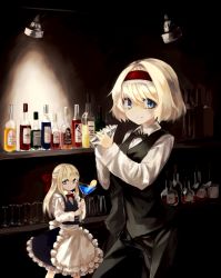 Rule 34 | 1girl, alcohol, alice margatroid, alternate costume, apron, bad id, bad pixiv id, bartender, blonde hair, blue eyes, blush, bottle, bow, bowtie, cocktail glass, cocktail shaker, cup, drinking glass, female focus, formal, hair bow, hairband, liquor, lispict, long hair, looking at viewer, pant suit, pants, shanghai doll, short hair, solo, suit, touhou, traditional bowtie, waist apron