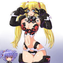 Rule 34 | 10s, 2girls, alternate costume, altines, altrene, armor, bad id, bad pixiv id, bikini armor, blonde hair, blue eyes, blue hair, blush, breasts, busou shinki, dd (ijigendd), doll joints, double v, elbow gloves, gloves, green hair, hip focus, joints, large breasts, mecha musume, multiple girls, red eyes, revealing clothes, short hair, simple background, smile, thighhighs, twintails, v, wide hips