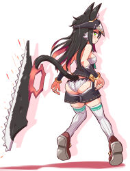 Rule 34 | 1girl, animal ears, ass cutout, black hair, black headwear, black shirt, black shorts, black sleeves, brown footwear, cat ears, cat tail, closed mouth, clothing cutout, commentary, cougar (cougar1404), detached sleeves, from behind, frown, full body, green eyes, grey thighhighs, headgear, jagged sword, long hair, looking at viewer, looking back, multicolored hair, original, panties, pink hair, ribbed panties, ribbed thighhighs, rubirina (cougar1404), shadow, shirt, shoes, short shorts, shorts, solo, standing, standing on one leg, strapless, strapless shirt, sword, tail, thighhighs, two-tone hair, underwear, weapon, wedgie, white panties
