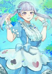 Rule 34 | 1girl, absurdres, black clover, blue dress, blue ribbon, dress, frills, grey hair, hair ribbon, highres, looking at viewer, low twintails, maid, noelle silva, open mouth, purple eyes, ribbon, smile, solo, sosuke ppp, twintails