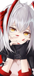 Rule 34 | 1girl, arknights, black gloves, black scarf, brown eyes, commentary, fingerless gloves, gloves, grey hair, hair between eyes, hands up, highres, long hair, long sleeves, looking at viewer, multicolored hair, nail polish, parted lips, red hair, red nails, scarf, shirt, simple background, smile, solo, streaked hair, tti tti, upper body, w (arknights), white background, white shirt