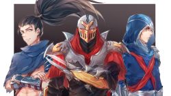 Rule 34 | 3boys, :d, abs, arm blade, arm guards, armor, black hair, border, brown hair, buckle, cloak, crossed arms, fanziju, full armor, grey eyes, grin, highres, hood, hooded cloak, league of legends, long hair, looking at viewer, male focus, mask, multiple boys, open mouth, orange eyes, parted lips, pauldrons, ponytail, red eyes, scar, scar across eye, scar on face, shoulder armor, shoulder belt, shoulder pads, smile, talon (league of legends), upper body, very long hair, weapon, yasuo (league of legends), zed (league of legends)