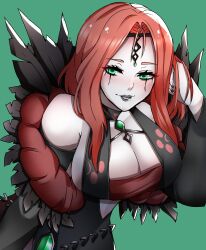 Rule 34 | 1340smile, absurdres, agarthan, alternate costume, bare shoulders, breasts, cleavage cutout, cleobulus (fire emblem), clothing cutout, cornelia arnim, facial tattoo, feathers, fire emblem, fire emblem: three houses, fire emblem heroes, fire emblem warriors: three hopes, green eyes, highres, jewelry, large breasts, leaning forward, mouse (animal), necklace, nintendo, pale skin, pearl necklace, red hair, smirk, tattoo, teeth