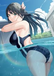 Rule 34 | 1girl, arm up, ass, back, bare arms, bekotarou, black hair, black one-piece swimsuit, blue sky, blurry, blurry background, blush, breasts, building, closed mouth, cloud, cloudy sky, competition swimsuit, cowboy shot, day, fence, gradient eyes, green eyes, hair ornament, hairclip, hand on own head, hand up, highres, large breasts, lens flare, long hair, looking at viewer, mole, mole under eye, multicolored eyes, one-piece swimsuit, original, outdoors, partially submerged, partially underwater shot, pool, sky, smile, solo, swimsuit, thighs, water, wet, wet clothes, wet swimsuit