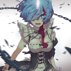 Rule 34 | 10s, 1girl, blood, blood on breasts, blood on face, blood on clothes, blue eyes, blue hair, breasts, chain, cleavage, glowing, glowing eye, hair ornament, hair over one eye, horns, looking at viewer, maid, maid headdress, matching hair/eyes, medium breasts, open mouth, re:zero kara hajimeru isekai seikatsu, rem (re:zero), revision, shanpao, short hair, single horn, solo, spoilers, torn clothes, upper body, x hair ornament