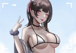 Rule 34 | 1girl, ;p, bikini, blush, breasts, brown hair, chinese commentary, choker, closed mouth, collarbone, commentary request, hair ornament, hair ribbon, hairclip, hand up, highres, large breasts, long hair, looking at viewer, nail polish, one eye closed, original, pink nails, red eyes, red ribbon, ribbon, scrunchie, selcky, side ponytail, sky, solo, swimsuit, tongue, tongue out, upper body, v, viewfinder, white bikini, wrist scrunchie