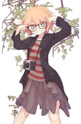 Rule 34 | 1girl, ahoge, bespectacled, blonde hair, blue eyes, braid, camera, casual, cookie (touhou), glasses, grin, highres, meguru (cookie), miyako (naotsugu), pleated skirt, shirt, skirt, smile, solo, striped clothes, striped shirt, white background
