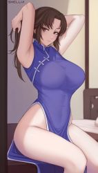 Rule 34 | 1girl, armpits, arms behind head, arms up, bed, blue dress, breasts, brown eyes, brown hair, china dress, chinese clothes, collared dress, dress, expressionless, highres, holding, holding hair, hong xiu ying, huge breasts, indoors, large breasts, long hair, looking at viewer, on bed, parted bangs, pelvic curtain, sega, shellvi, shenmue, shenmue ii, shenmue the animation, side slit, sidelocks, signature, sitting, skin tight, sleeveless, sleeveless dress, solo, thighs