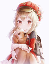 Rule 34 | 1girl, absurdres, amaroku neko, animal, animal hug, backpack, bag, bag charm, blonde hair, blush, bow, brown bag, charm (object), commentary request, dog, dress, expressionless, genshin impact, hat, heart, highres, klee (genshin impact), long hair, long sleeves, looking at viewer, pointy ears, red dress, red eyes, red hat, smile, solo, twintails, upper body, white bow