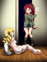 Rule 34 | 2girls, armbinder, arms behind back, ass, ball gag, barefoot, bdsm, blindfold, blonde hair, boots, bound, bra, cellphone, drill hair, feet, female focus, food, from behind, gag, highres, indoors, knees together feet apart, legs together, long hair, mahou shoujo madoka magica, mouth hold, multiple girls, navel, on floor, panties, phone, pigeon-toed, pocky, ponytail, red hair, sakura kyoko, shorts, side-tie panties, standing, tape, tape bondage, toes, tomoe mami, twin drills, underwear, very long hair, white blindfold, white bra, white panties, wooden floor, yuri