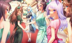 Rule 34 | 6+girls, animal ears, bare shoulders, blue eyes, blue hair, blush, bow, braid, breasts, brown hair, closed mouth, dress, ear bow, fangs, green dress, tucking hair, high heels, highres, horse ears, horse girl, horse tail, indoors, lips, long hair, looking at viewer, medium breasts, mejiro ardan (umamusume), mejiro bright (umamusume), mejiro dober (umamusume), mejiro mcqueen (umamusume), mejiro palmer (umamusume), mejiro ryan (umamusume), multicolored hair, multiple girls, open mouth, outstretched arm, painting (object), pink dress, purple eyes, purple hair, red carpet, short hair, short sleeves, sleeveless, sleeveless dress, small breasts, smile, strapless, strapless dress, tail, tamayume, teeth, two-tone hair, umamusume, upper teeth only, walking, yellow dress, yellow eyes