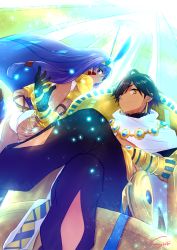 Rule 34 | 1boy, 1girl, animal ears, armor, ass, back, blue hair, brown hair, cloak, dark skin, earrings, fate/grand order, fate/prototype, fate/prototype: fragments of blue and silver, fate (series), gloves, jewelry, nitocris (fate), ozymandias (fate), panties, pants, purple eyes, short hair, smile, tattoo, underwear, very long hair, yellow eyes