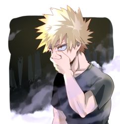 Rule 34 | 1boy, bakugou katsuki, black shirt, blonde hair, boku no hero academia, border, cai (caiirocai), collarbone, commentary request, covering own mouth, forest, hand over own mouth, male focus, nature, outdoors, outside border, red eyes, shirt, short hair, short sleeves, solo, spiked hair, tree, white border