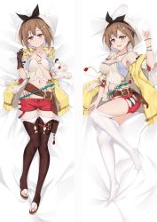 Rule 34 | 1girl, :d, asymmetrical gloves, atelier (series), atelier ryza, atelier ryza 1, bed sheet, black bow, bow, breasts, brown eyes, brown gloves, brown hair, cleavage, closed mouth, dakimakura (medium), full body, gloves, hair bow, hair ornament, hairclip, hat, jacket, jewelry, looking at viewer, lying, medium breasts, midriff, moeanime, necklace, on back, open clothes, open jacket, open mouth, red shorts, reisalin stout, shirt, short hair, short shorts, shorts, sidelocks, single glove, sleeveless, sleeveless shirt, smile, solo, spaghetti strap, star (symbol), star necklace, stomach, thigh gap, thighhighs, white hat, white shirt, white thighhighs, yellow jacket