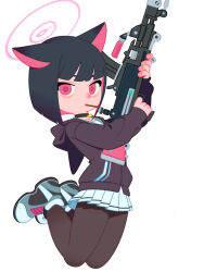 Rule 34 | 1girl, absurdres, animal ears, black choker, black hair, black hoodie, black pantyhose, blue archive, blunt bangs, bren lmg, cat choker, cat ears, cat girl, choker, closed mouth, colored inner hair, feet up, full body, gun, halo, highres, holding, holding gun, holding weapon, hood, hoodie, kazusa (blue archive), light machine gun, looking at viewer, monster l (hochihochiha), multicolored hair, pantyhose, pink eyes, pink hair, pink halo, short hair, simple background, skirt, solo, tachi-e, weapon, white background, white skirt