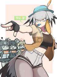 Rule 34 | anger vein, bird tail, bird wings, blowing whistle, breasts, character request, chibi, cowboy shot, crop top, english text, fingerless gloves, gloves, grey hair, grey shorts, head wings, highres, jacket, john (a2556349), kemono friends, kemono friends 3, large breasts, medium hair, midriff, open clothes, open jacket, pantyhose, pointing, shoebill (kemono friends), short shorts, short sleeves, shorts, solo focus, tail, tsurime, wings, yellow eyes