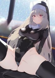 Rule 34 | 1girl, absurdres, arms behind back, ass, black bodysuit, black leotard, black thighhighs, blue archive, blush, bodysuit, breasts, butt crack, closed mouth, crossed bangs, gluteal fold, grey hair, halo, highleg, highres, inuinuo gataken, justina follower (blue archive), latex, latex leotard, latex thighhighs, leotard, long hair, looking at viewer, looking down, medium breasts, nun, presenting, red eyes, sakurako (blue archive), sitting, skindentation, smile, solo, spread legs, thick thighs, thighhighs, thighs, very long hair