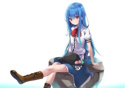 Rule 34 | &gt;:), 1girl, amano kouki, black hat, blue background, blue hair, blue skirt, blush, boots, brown footwear, center frills, closed mouth, collared shirt, commentary request, cross-laced footwear, frilled shirt collar, frilled skirt, frills, gradient background, hair between eyes, hat, highres, hinanawi tenshi, lace-up boots, long hair, looking at viewer, puffy short sleeves, puffy sleeves, red eyes, shirt, short sleeves, sitting, skirt, smile, solo, touhou, unworn hat, unworn headwear, v-shaped eyebrows, very long hair, white background, white shirt