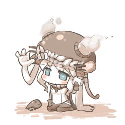 Rule 34 | 10s, 1girl, abyssal ship, blue eyes, blush stickers, bodysuit, cape, chibi, gloves, i-class destroyer, inishie, kantai collection, kuchiku i-kyuu, monster, pale skin, phone, seiza, sitting, string phone, turret, wo-class aircraft carrier