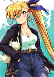 Rule 34 | 1girl, ahoge, artist name, blonde hair, blue pants, blush, breasts, cleavage, closed mouth, collarbone, dated, denim, hair ribbon, hand in pocket, heterochromia, highres, jeans, long hair, looking at viewer, lyrical nanoha, mahou shoujo lyrical nanoha strikers, mahou shoujo lyrical nanoha vivid, medium breasts, pants, ponytail, ribbon, san-pon, smile, solo, vivio