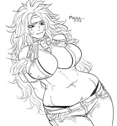 Rule 34 | 1girl, bad id, bb (baalbuddy), breasts, commentary, cowboy shot, denim, dutch angle, english commentary, greyscale, headband, highres, huge breasts, inactive account, jeans, long hair, monochrome, navel, pants, panty straps, queen&#039;s blade, risty (queen&#039;s blade), risty (queen's blade), simple background, skindentation, solo, sweatdrop, thighs, thong, very long hair, wavy mouth, white background, wide hips, wilderness bandit risty