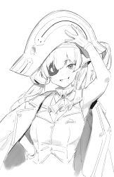 Rule 34 | 1girl, :d, armpits, ascot, bicorne, blush, brooch, coat, coat on shoulders, eyepatch, female focus, gloves, greyscale, hand up, hat, highres, hololive, houshou marine, jewelry, kotoribako, long hair, looking at viewer, monochrome, open mouth, pirate hat, simple background, sketch, smile, solo, twintails, vest, virtual youtuber, white background