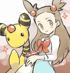 Rule 34 | 1girl, ampharos, artist name, blue dress, blush, bow, box, brown eyes, brown hair, chocolate, commentary request, creatures (company), dress, eyelashes, food, game freak, gen 2 pokemon, hair bobbles, hair ornament, heart-shaped box, holding, holding chocolate, holding food, jasmine (pokemon), long hair, long sleeves, nintendo, pokemon, pokemon (creature), pokemon hgss, red bow, smile, sparkle, sweater, tansho, white sweater