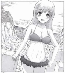 Rule 34 | 1girl, alternate costume, bikini, breasts, cleavage, cowboy shot, frilled bikini, frills, greyscale, h2 (h20000000), hand on own hip, kantai collection, large breasts, long hair, looking at viewer, monochrome, navel, ooi (kancolle), open mouth, outdoors, smile, solo, swimsuit