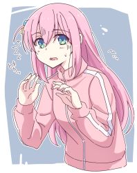 Rule 34 | 1girl, ^^^, blue eyes, blush, bocchi the rock!, cropped torso, cube hair ornament, e20, gotoh hitori, grey background, hair between eyes, hair ornament, hands up, highres, jacket, long hair, long sleeves, one side up, open mouth, pink hair, pink jacket, puffy long sleeves, puffy sleeves, solo, sweat, track jacket, two-tone background, upper body, very long hair, white background