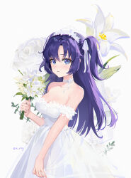 Rule 34 | 1girl, armpit crease, bare shoulders, blue archive, blue eyes, blue hair, bouquet, breasts, bridal veil, bride, choker, cleavage, collarbone, dress, floral background, flower, hair flower, hair ornament, hair ribbon, highres, holding, jewelry, light blush, long hair, looking at viewer, medium breasts, off-shoulder dress, off shoulder, parted lips, ribbon, ribbon choker, ring, rity, solo, standing, twitter username, two side up, upper body, veil, wedding dress, wedding ring, white dress, white ribbon, yuuka (blue archive)