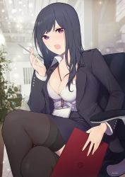 Rule 34 | 1girl, black hair, blazer, breasts, cleavage, collared shirt, commentary request, folder, formal, highres, holding, holding pen, id card, indoors, jacket, karinto yamada, lanyard, large breasts, crossed legs, long hair, looking at viewer, office lady, open mouth, original, pen, pencil skirt, plant, purple eyes, shirt, sitting, skirt, solo, suit, thighhighs, white shirt, window