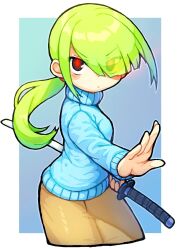 Rule 34 | 1girl, bachera, blue sweater, blush, brown eyes, brown skirt, closed mouth, cropped legs, green hair, grey background, hair over one eye, highres, holding, holding sheath, katana, long hair, long sleeves, looking at viewer, original, red pupils, revision, sheath, sheathed, skirt, solo, sweater, sword, turtleneck, turtleneck sweater, two-tone background, very long hair, weapon, white background