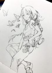 Rule 34 | 1girl, anmi, bare shoulders, belt, bug, butterfly, graphite (medium), highres, insect, looking at viewer, pants, smile, solo, traditional media, twintails
