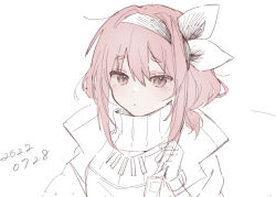Rule 34 | 1girl, arknights, closed mouth, dated, figmnts, hair between eyes, hair ribbon, hairband, highres, jacket, looking at viewer, open clothes, open jacket, pink eyes, pink hair, pudding (arknights), ribbon, short eyebrows, simple background, solo, sweater, thick eyebrows, turtleneck, turtleneck sweater, upper body, white background, white hairband, white ribbon