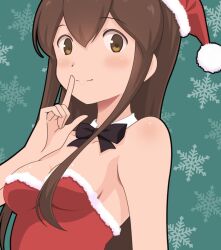 Rule 34 | 1girl, akagi (kancolle), azuki-iro, black bow, black bowtie, borrowed character, bow, bowtie, breasts, brown hair, cleavage, detached collar, finger to mouth, fur-trimmed headwear, fur-trimmed shirt, fur trim, green background, hat, highres, kantai collection, red hat, red shirt, santa hat, shirt, sidelocks, small breasts, snowflake background, solo, upper body