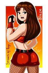 Rule 34 | 1girl, angry, ass, belt, blaze fielding, breasts, brown eyes, brown hair, fishnet pantyhose, fishnets, gloves, hand up, highres, long hair, looking at viewer, open mouth, pantyhose, red skirt, sega, shiny skin, skirt, solo, streets of rage