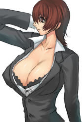 Rule 34 | 1girl, black bra, bra, breasts, brown eyes, brown hair, business suit, cleavage, formal, hair over one eye, huge breasts, lace, lace-trimmed bra, lace trim, lingerie, office lady, ran&#039;ou (tamago no kimi), short hair, solo, suit, underwear