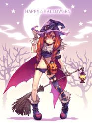 Rule 34 | 1girl, asymmetrical clothes, boots, braid, broom, brown eyes, brown hair, cape, hair over shoulder, halloween, happy halloween, hat, hirano katsuyuki, lantern, long hair, panties, print thighhighs, purple background, single thighhigh, solo, thighhighs, twin braids, twintails, underwear, witch hat