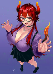 Rule 34 | 1girl, black-framed eyewear, black choker, black footwear, black skirt, black socks, breasts, choker, claw pose, cleavage, collarbone, collared shirt, dark red hair, dola (7th costume) (nijisanji), dola (nijisanji), dola (nijisanji) (7th costume), dragon girl, dragon horns, dragon tail, fangs, fingernails, from above, glasses, gradient horns, heart pendant, horns, huge breasts, jewelry, long hair, looking at viewer, maruyama rui, lava, multicolored horns, nail polish, nijisanji, open clothes, open mouth, open shirt, partially unbuttoned, pendant, purple nails, purple shirt, red eyes, red hair, shirt, signature, simple background, skirt, smile, socks, solo, standing, tail, unbuttoned, unbuttoned shirt, very long hair, virtual youtuber