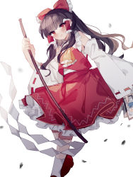 Rule 34 | 1girl, ascot, blush, bow, brown hair, closed mouth, collar, detached sleeves, foot out of frame, frilled bow, frills, gohei, hair bow, hair tubes, hakurei reimu, highres, long hair, looking at viewer, mary janes, red bow, red eyes, red footwear, red shirt, red skirt, ribbon-trimmed sleeves, ribbon trim, shirt, shoes, sidelocks, simple background, skirt, skirt set, sleeveless, smile, socks, solo, sorani (kaeru0768), touhou, white background, white collar, white socks, yellow ascot
