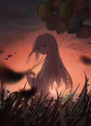 Rule 34 | 1girl, absurdres, balloon, cloud, cloudy sky, dot nose, floating hair, grass, grey eyes, grimace, hair between eyes, highres, holding, holding balloon, kyano (kyanora3141), long hair, long sleeves, looking at viewer, on grass, original, shirt, sidelocks, sitting, sky, solo, sunset, teeth, upper body, white hair, white shirt