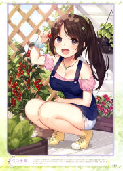 Rule 34 | 1girl, :d, absurdres, arm up, artist name, bare legs, bekotarou, blue sky, blurry, blush, breasts, brown eyes, brown hair, cherry tomato, cleavage, cloud, collar, collarbone, day, dengeki moeou, depth of field, fence, flower, flower pot, food, frilled shirt, frills, fruit, garden, hair ornament, hair scrunchie, hairclip, hanging plant, highres, holding, holding food, holding fruit, leaf, long hair, looking at viewer, medium breasts, off shoulder, open mouth, original, page number, parted bangs, pink flower, pink shirt, plant, planter, ponytail, potted plant, scrunchie, shirt, shoes, short shorts, short sleeves, shorts, sidelocks, sky, smile, sneakers, solo, squatting, strap, sunlight, tomato, tree, trellis, white flower, wrist scrunchie, yellow footwear
