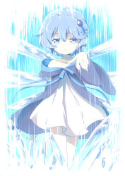 Rule 34 | 10s, 1girl, bare shoulders, blue eyes, blue hair, crystal, detached sleeves, dress, hair ornament, matching hair/eyes, mitsuki meia, multiple wings, outstretched arm, piruluk, short hair, solo, wide sleeves, wings, wixoss