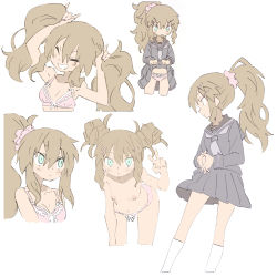 Rule 34 | 1girl, absurdres, black serafuku, blue eyes, bra, breasts, brown hair, character sheet, clothes lift, cropped legs, double bun, closed eyes, female focus, flat color, grin, hair bun, hair ornament, hairclip, highres, lifted by self, looking at viewer, masikakuma, nipples, original, own hands together, pale color, panties, pink bra, pink panties, pleated skirt, ponytail, profile, sailor collar, school uniform, scrunchie, serafuku, simple background, skirt, skirt lift, small breasts, smile, solo, topless, twintails, underwear, v, white background