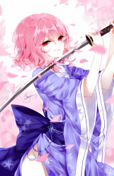 Rule 34 | 1girl, absurdres, artist name, bad id, bad pixiv id, blood, blue kimono, blue sash, blush, bug, butterfly, cowboy shot, hands up, highres, holding, holding sword, holding weapon, insect, japanese clothes, katana, kimono, long sleeves, looking at viewer, no headwear, no headwear, petals, pink hair, red eyes, saigyouji yuyuko, sash, sheya, short hair, side slit, signature, smile, solo, standing, sword, touhou, weapon, white background, wide sleeves