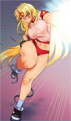 Rule 34 | 1girl, alternate costume, blonde hair, blue background, blue footwear, blue legwear, bouncing breasts, breasts, buruma, calf socks, chain, clenched hand, commentary request, cuffs, emphasis lines, fighting stance, glowing, glowing hand, gradient background, groin, highres, horns, hoshiguma yuugi, large breasts, long hair, looking at viewer, navel, parted lips, pink shirt, pointy ears, punching, purple background, red eyes, scar, scar on face, scar on leg, shackles, shirt, shoes, short sleeves, sibata maru, single horn, slit pupils, sneakers, solo, standing, standing on one leg, thighs, touhou, very long hair