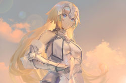 Rule 34 | 1girl, armor, blue eyes, breasts, chain, cloud, couter, fate/apocrypha, fate (series), faulds, fur trim, gauntlets, gorget, hand on hilt, jeanne d&#039;arc (fate), jeanne d&#039;arc (ruler) (fate), jeanne d&#039;arc (third ascension) (fate), lens flare, lips, long hair, outdoors, sky, solo, yoshimoto (dear life)