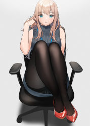 Rule 34 | 1girl, bare shoulders, black pantyhose, blonde hair, blue eyes, blue skirt, blue sweater, breasts, chair, doushimasho, grey background, hand in own hair, highres, lanyard, legs, long hair, looking at viewer, medium breasts, mole, mole on arm, mole on cheek, mole under eye, office chair, original, pantyhose, red footwear, ribbed sweater, simple background, sitting, skirt, sleeveless, sleeveless sweater, solo, sweater, swivel chair, thighband pantyhose, thighs, turtleneck, turtleneck sweater